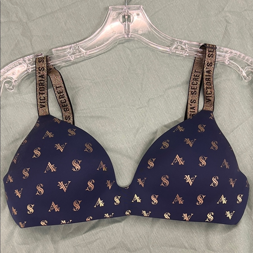 Victoria's Secret Dark Blue Bra with Gold Logo and Straps